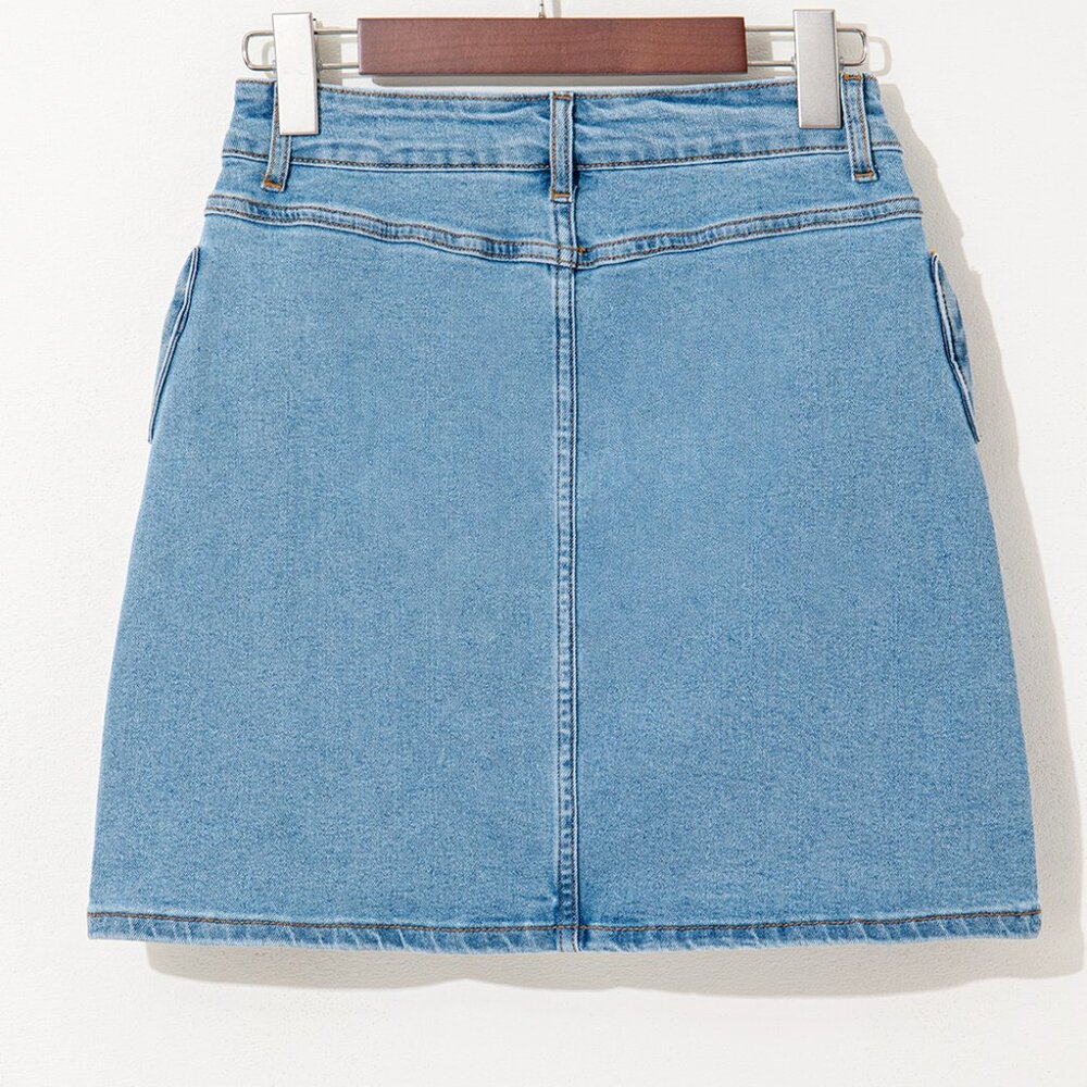 B277 Dusk Blue Acid Washed Bowknot Details High Waist Denim Skirt - Picture 6 of 12